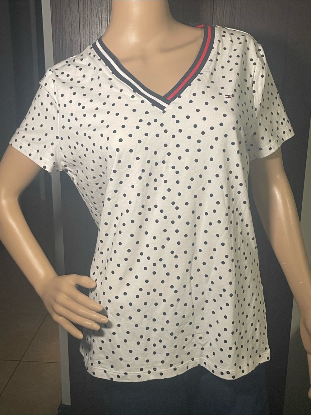 Tommy Hilfiger White Polka Dot V-Neck Tee with Navy & Red Trim  Y2K
